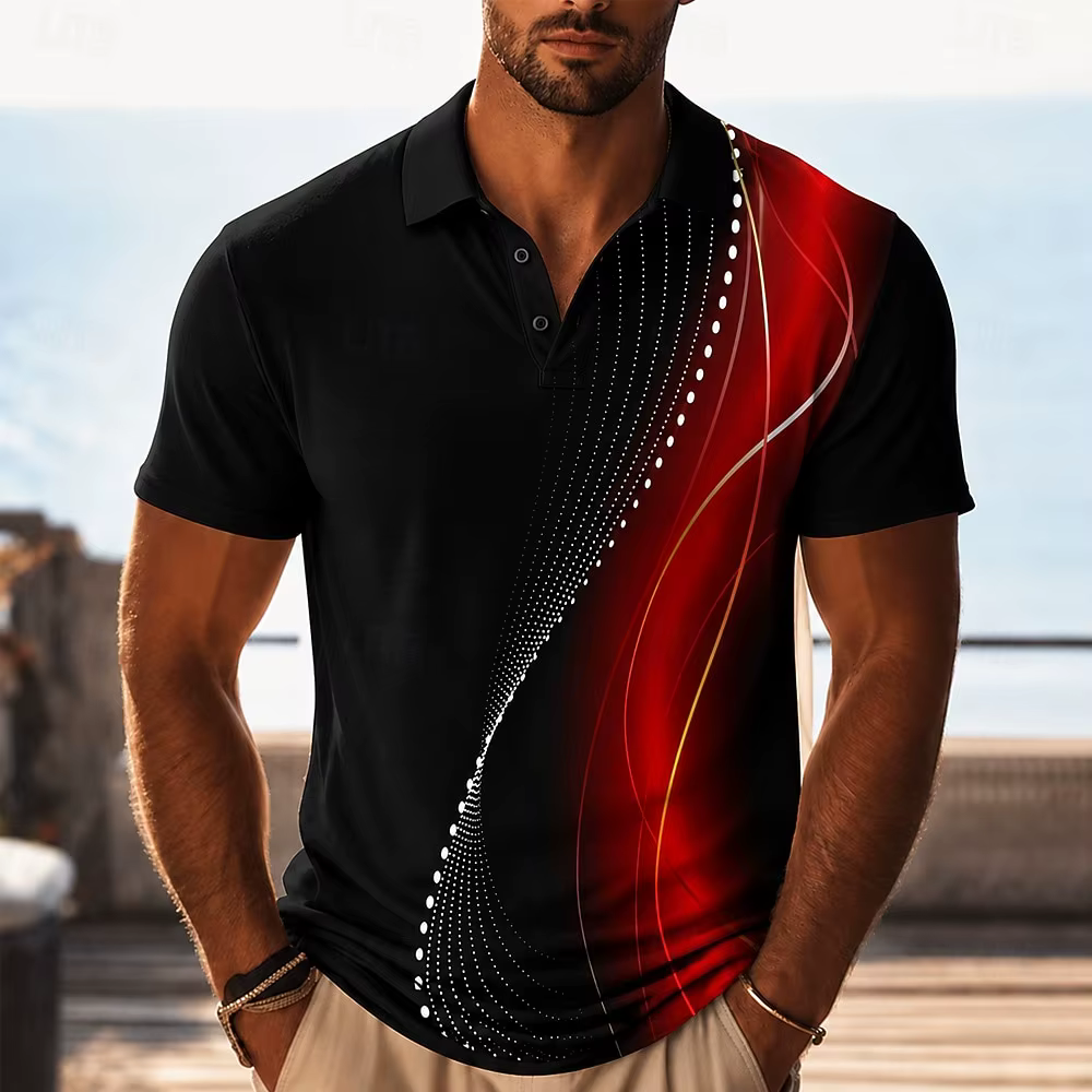 Polo pour homme noir et rouge à imprimé dégradé