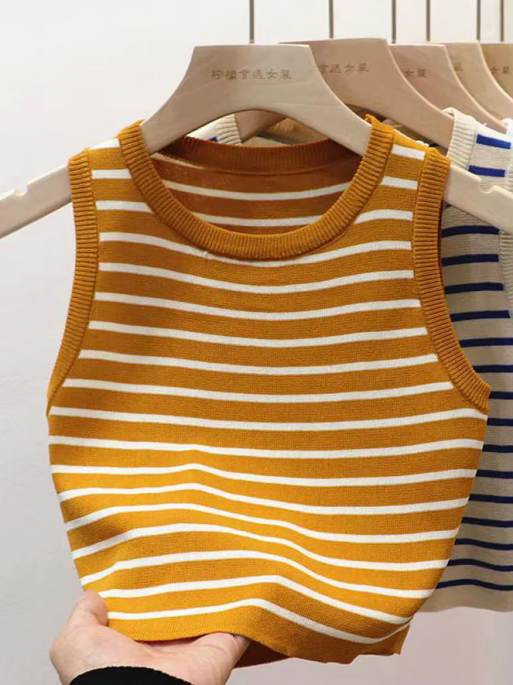 Nouveauté 2026 – Débardeurs rayés tricotés sans manches pour femme – T-shirts courts élastiques et ajustés – Gilets décontractés à col en V – Camisoles pull-over