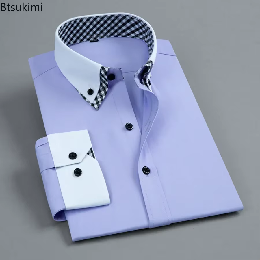 2026 chemise habillée pour hommes Non fer mode Double couche à manches longues affaires formelle coupe régulière bureau Camisa chemises sociales mâle