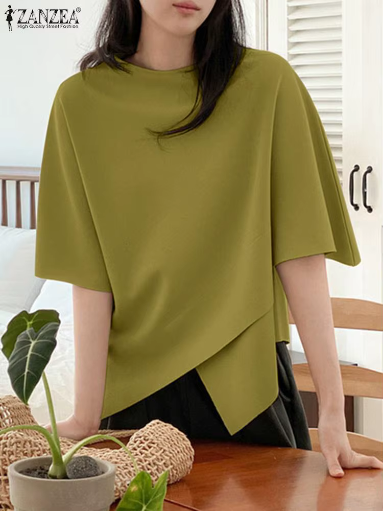 ZANZEA femmes asymétrique t-shirt mode été demi manches t-shirts 2024 coréen col rond plaine tuniques décontracté ample solide Simple hauts