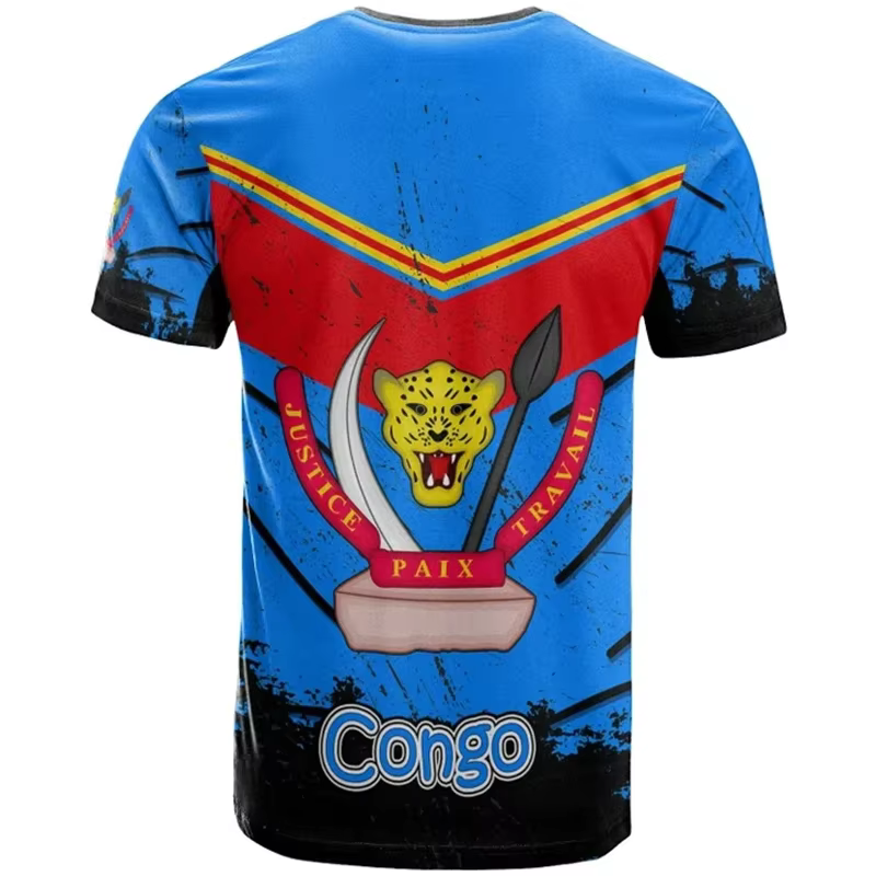 T-shirt à manches courtes à col rond décontracté d'été avec impression 3D de l'emblème national de la République démocratique du Congo