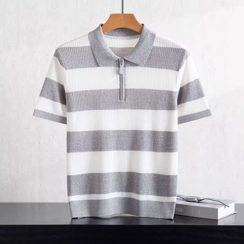 T-shirt pour homme à col polo rayé en tricot à manches courtes 100% Lyocell respirant et confortable pour le travail et les loisirs
