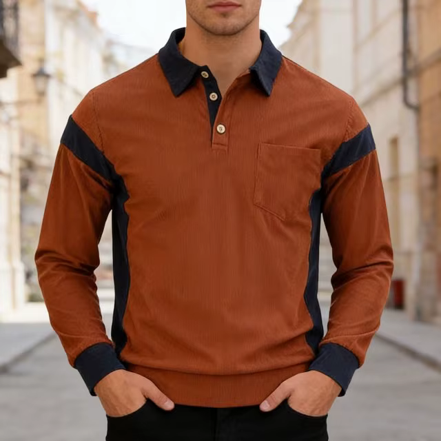 Nouveauté 2025 – Polos Homme Colorblock Tendance à Col Revers et Manches Longues avec Boutons pour Tenues Décontractées et Streetwear