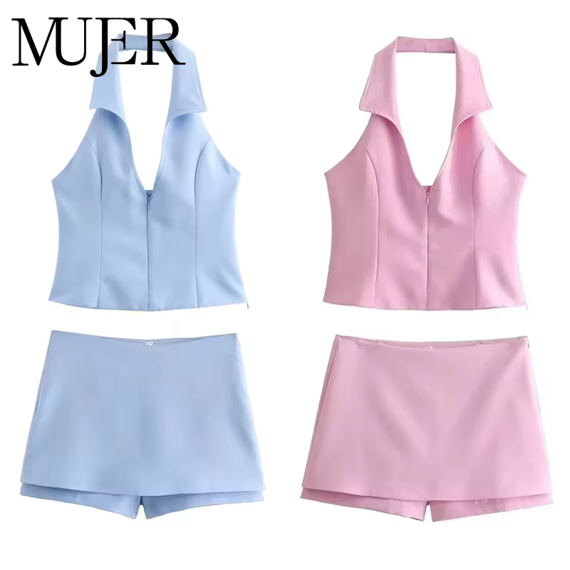 MUJER 2025 bleu rose haut à licou femme épaules nues dos nu