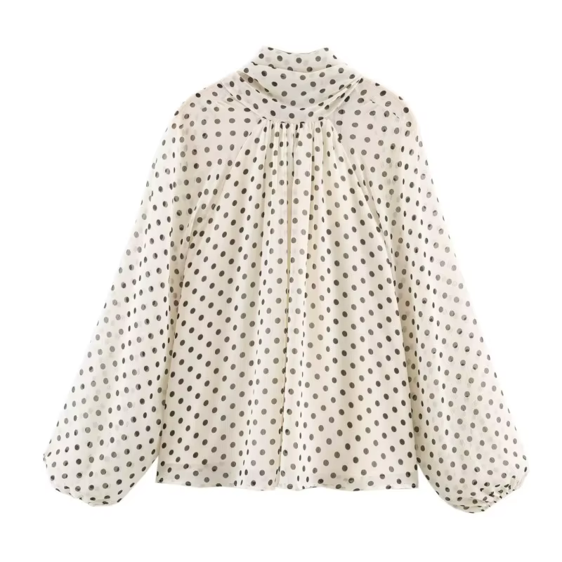 Femmes à pois imprimé Blouse décontracté col haut à manches longues dame