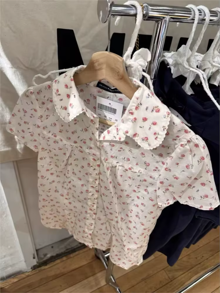 Doux rouge Floral T-shirt Blouse femme été col panoramique simple boutonnage manches courtes t-shirts décontracté