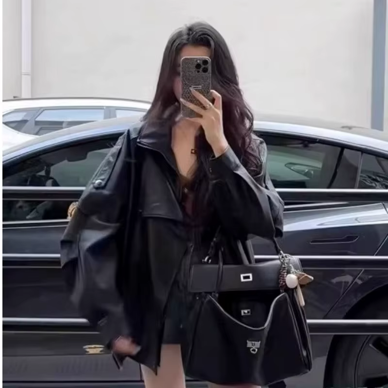 Veste de moto rétro en cuir Pu à revers pour femme