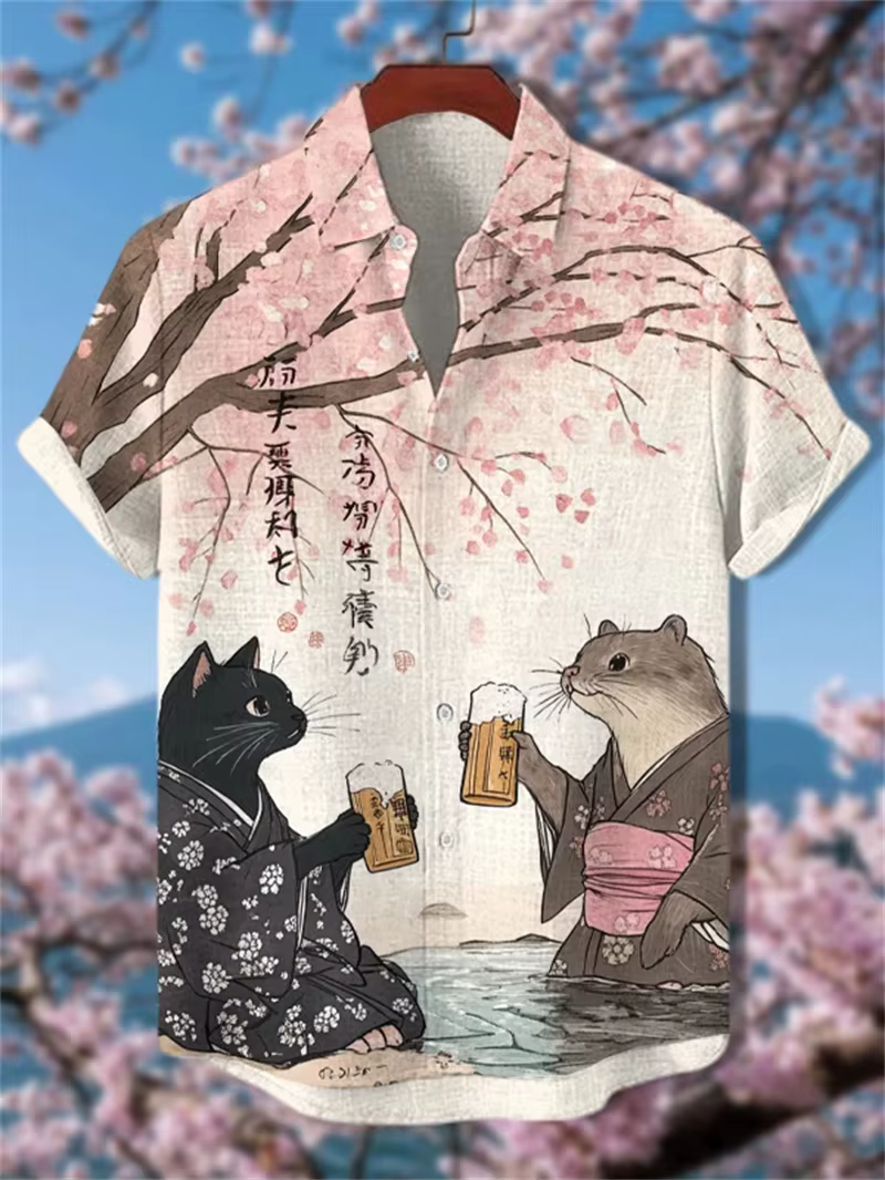 Chemise à manches courtes pour hommes vêtements en lin haut rétro illustration prune