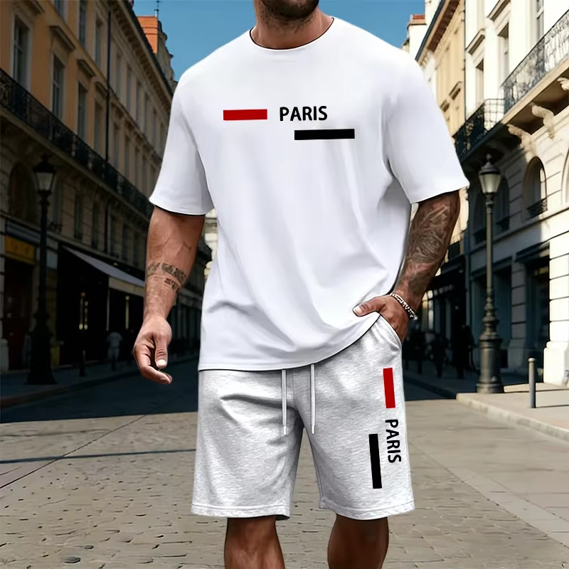 Ensemble homme imprimé Paris 2026 : T-shirt en coton et short à séchage rapide – Tenue décontractée estivale
