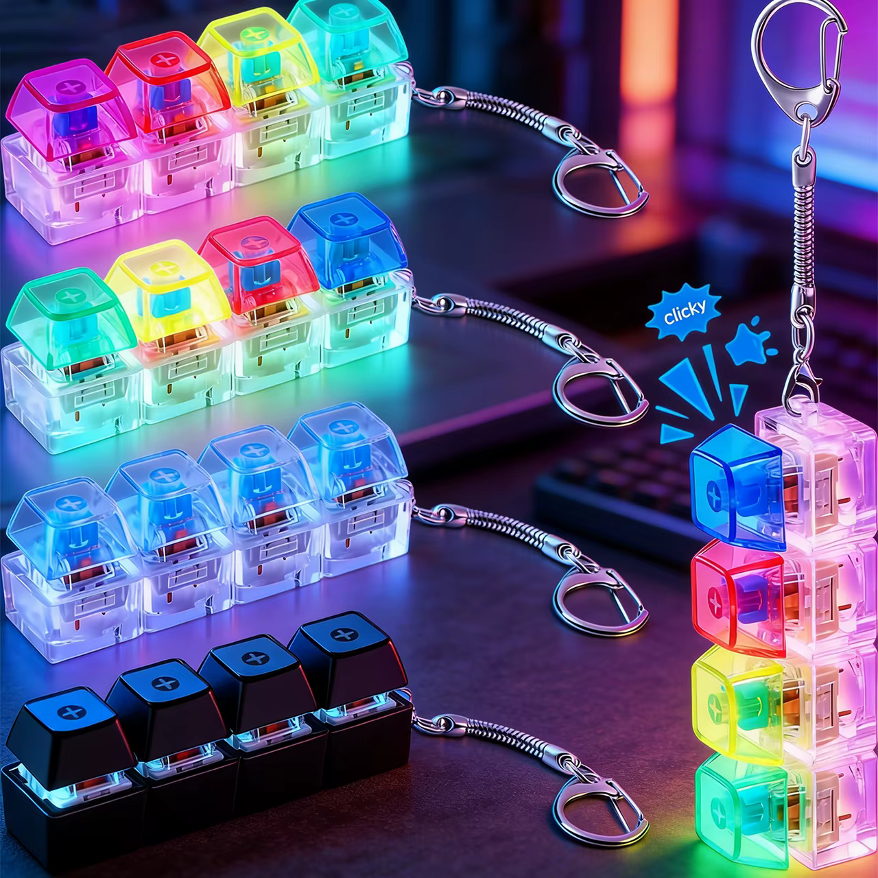 Porte-clés LED lumineux avec bouton de clavier clic-clac