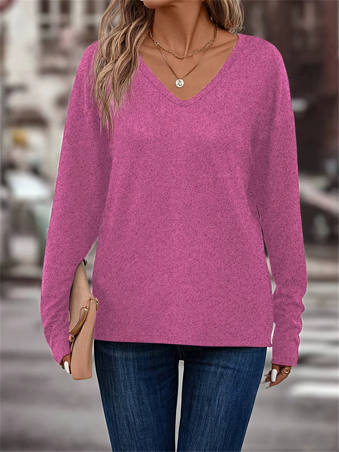 T-shirt uni à manches longues et col en V pour femme