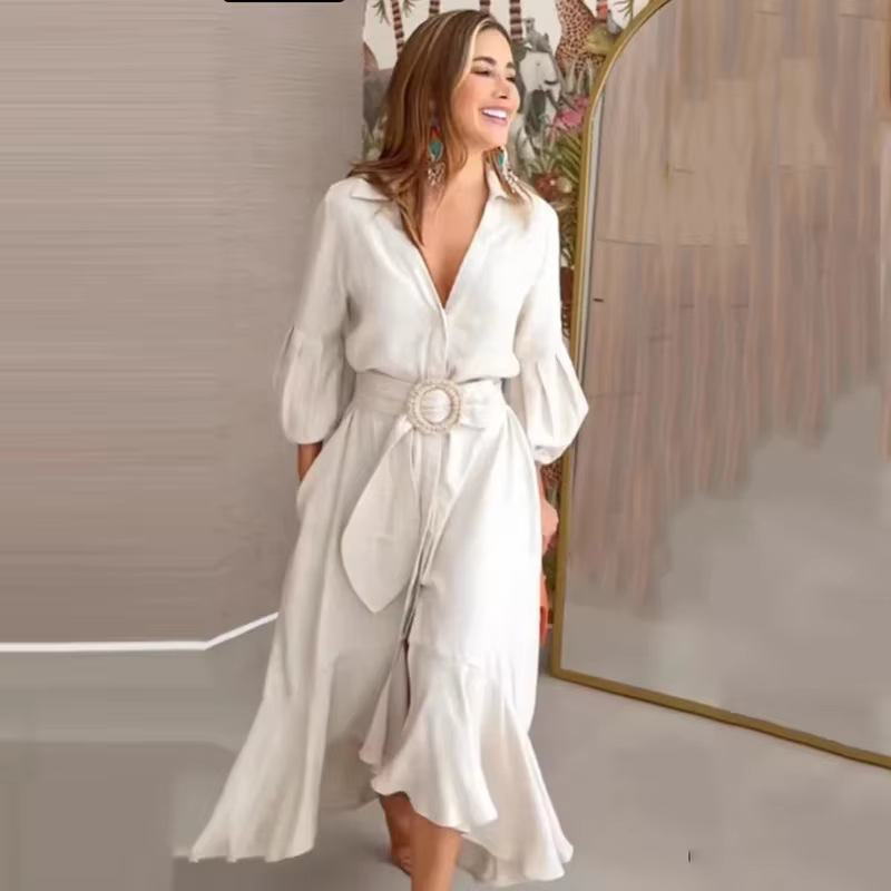 Manches lanternes avec ourlet irrégulier femme élégante taille haute tenue décontractée mode femme col en V manches évasées robe chemise trapèze