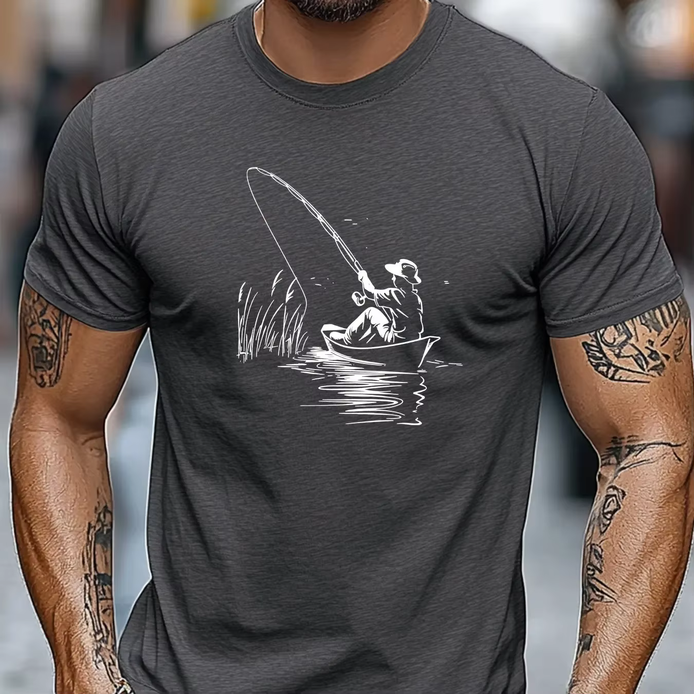 T-shirt à manches courtes pour homme avec motif bateau et pêche