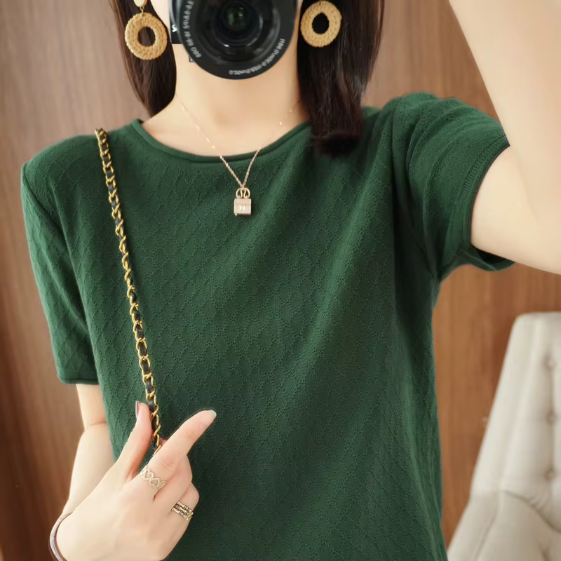 T-shirt femme printemps/été 100% coton pull à manches courtes décontracté roulé col rond dames hauts chemisier ample