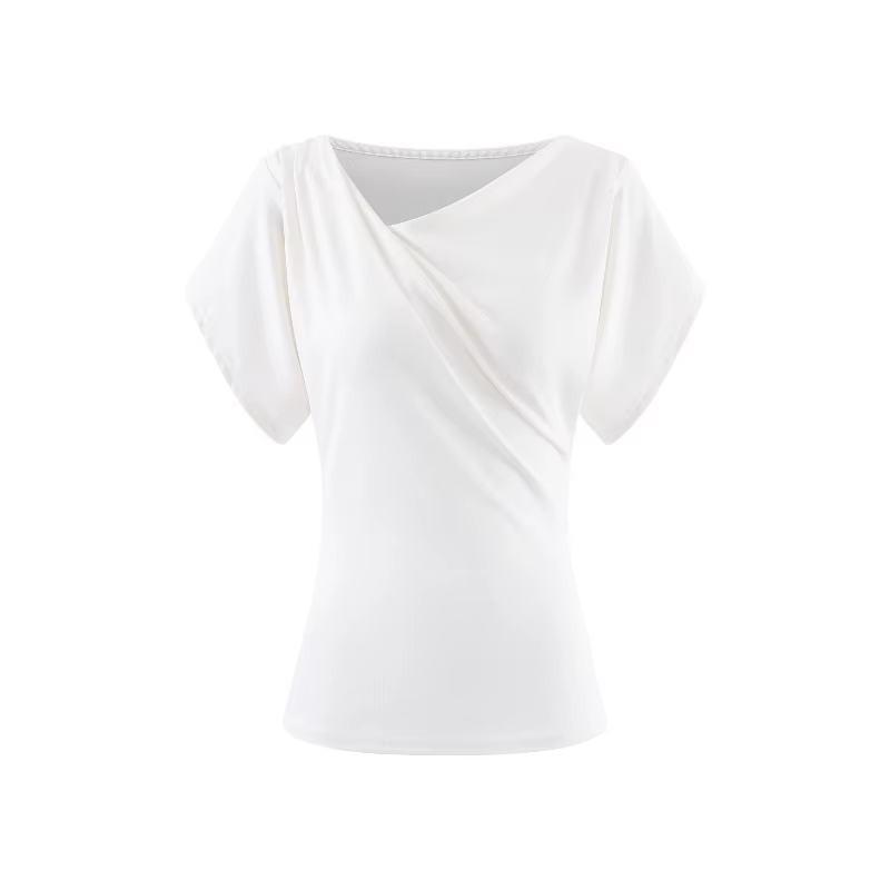 T-shirt drapé à col drapé pour femme, haut à manches chauve-souris, taille cintrée, élégant, doux, tenue décontractée d'été, style chic pour femme