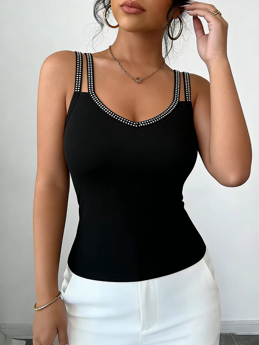 Débardeur Femme Chic à Strass Col V Double Bretelles