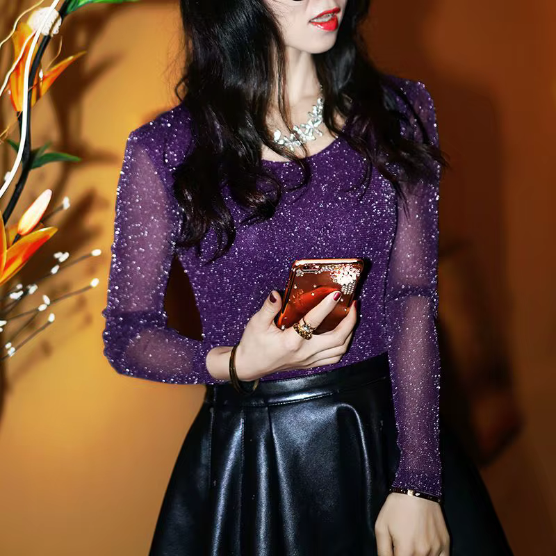Strass violet femmes t-shirts paillettes maille vêtements 2025