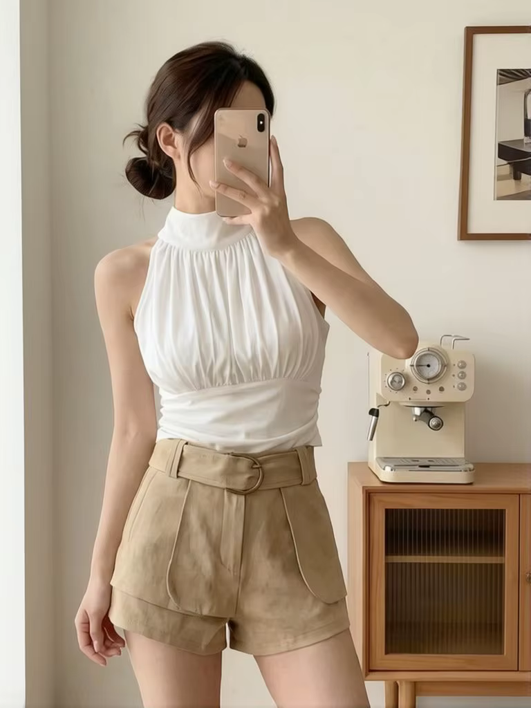 T-shirt de luxe sans manches à col licou pour femme