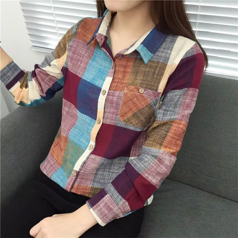 Chemise à carreaux en coton et lin pour femmes