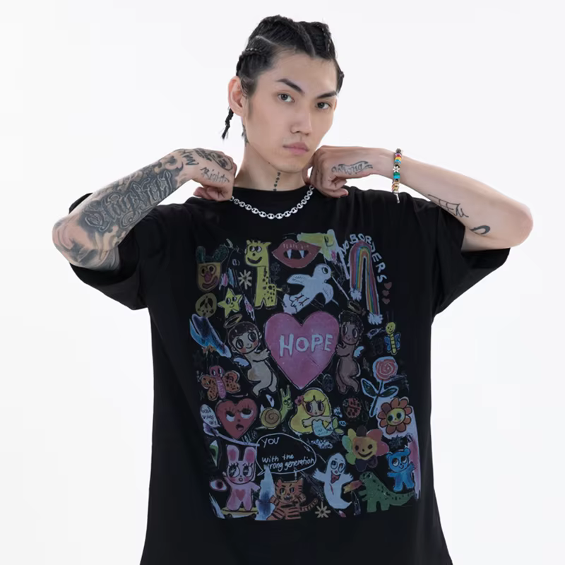 Hommes T-Shirt surdimensionné Hip Hop Streetwear peinture lettre coeur arc-en-ciel anges graphique