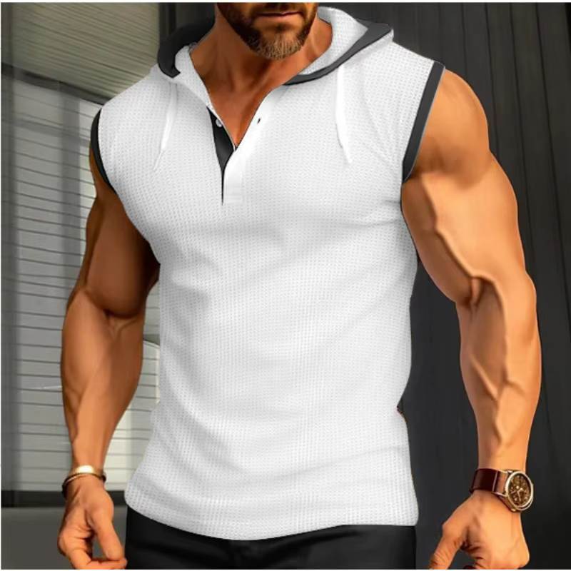 Polo sans manches à capuche pour homme, séchage rapide, en mesh, pour la gym
