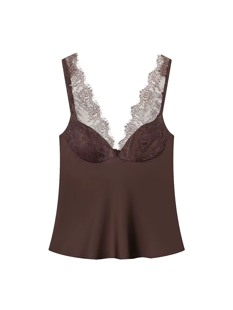 HH Femme Mode Décoration en dentelle Haut court uni Sexy Sans manches Dos nu Col en V Fermeture éclair latérale Texture satinée 3 couleurs Hauts d'été