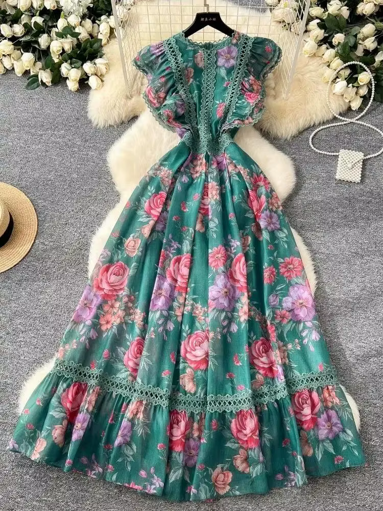 Femmes manches papillon plage Boho volants longues robes vacances d'été dentelle évider épissure magnifique fleur en