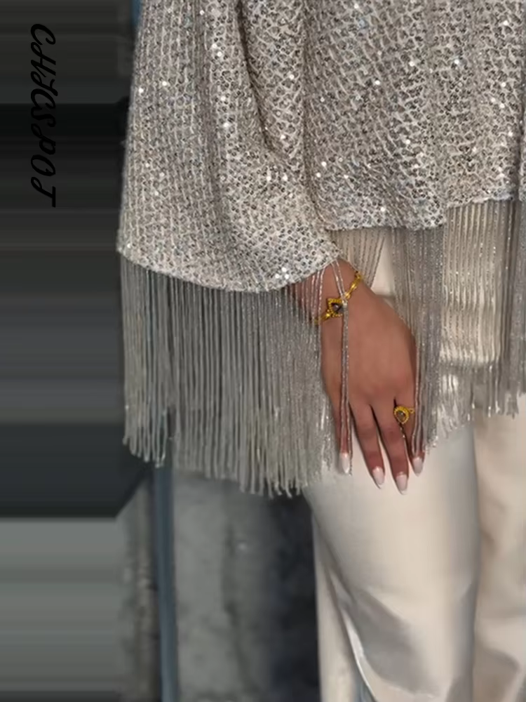 Tops châles oversize à sequins et franges pour femmes, col rond sexy, manches longues, brillants, coupe ample, capes chic pour soirées et clubs