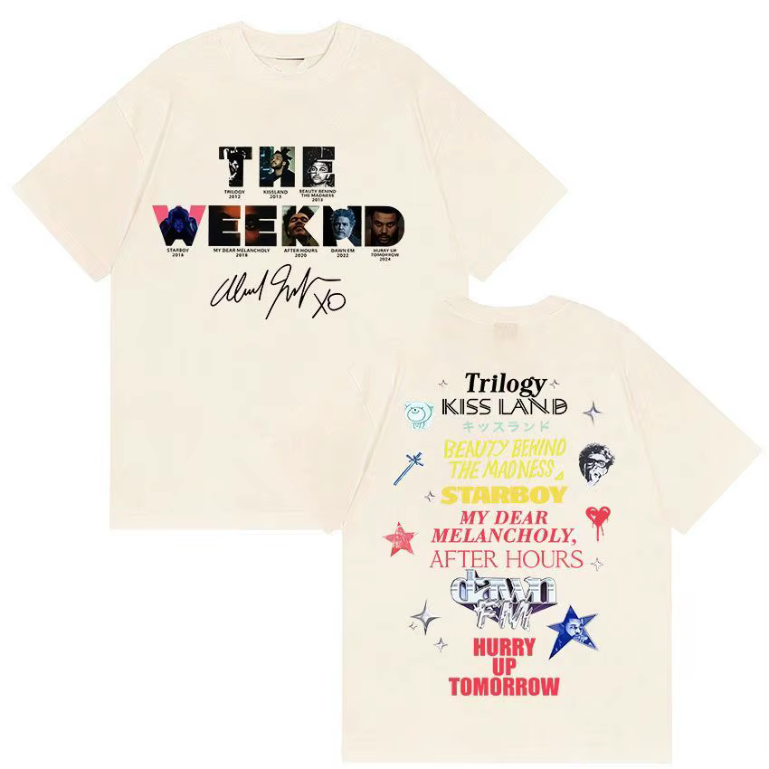 T-shirt graphique The Weeknd avec la discographie complète de l'artiste