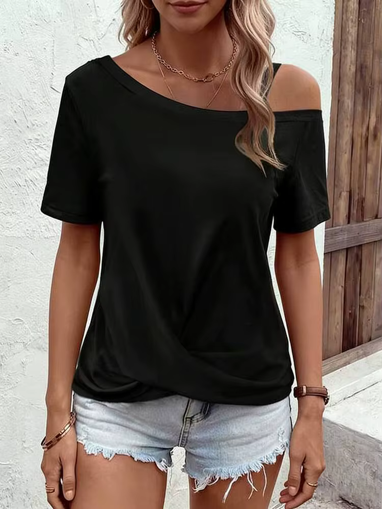 T-shirt femme noir printemps-été à une épaule