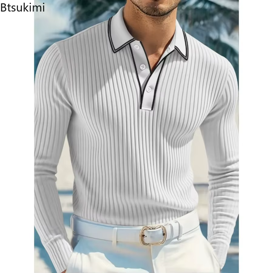 Nouveau Polo Tricoté à Manches Longues pour Homme