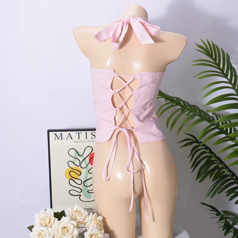 Chic rose plissé hauts sans manche mode à lacets épaules dénudées coupe ajustée licou gilet nouveau femmes été vacances haut de fête 2025