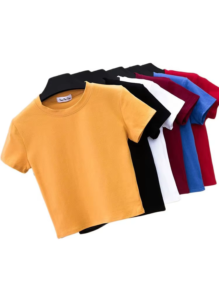 Vert haut court T-Shirt Femme solide coton col rond manches courtes T-shirts pour femmes taille haute mince