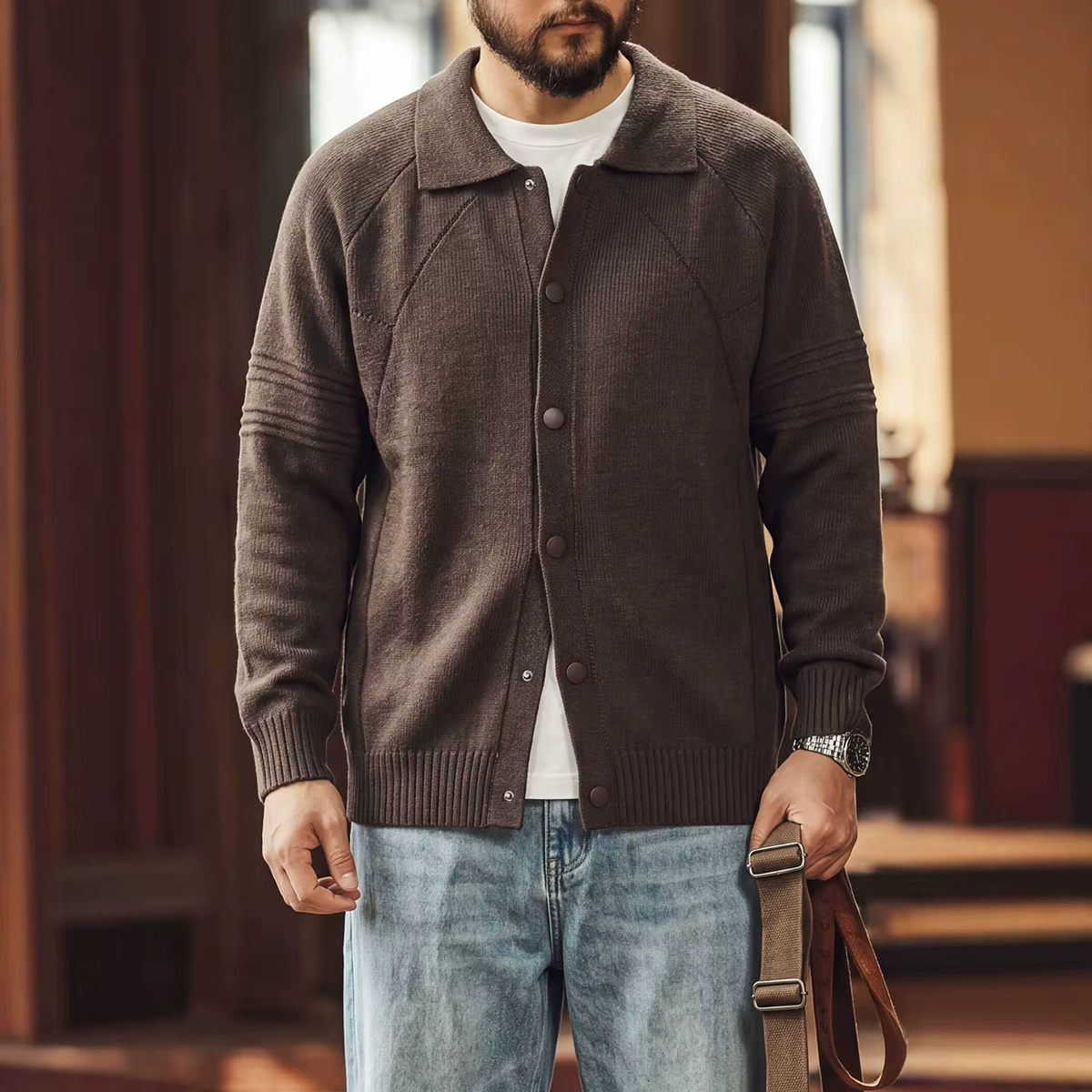 Cardigan en maille haut de gamme pour homme, col à revers épais, nouvelle collection automne-hiver 2026, style américain décontracté et ample