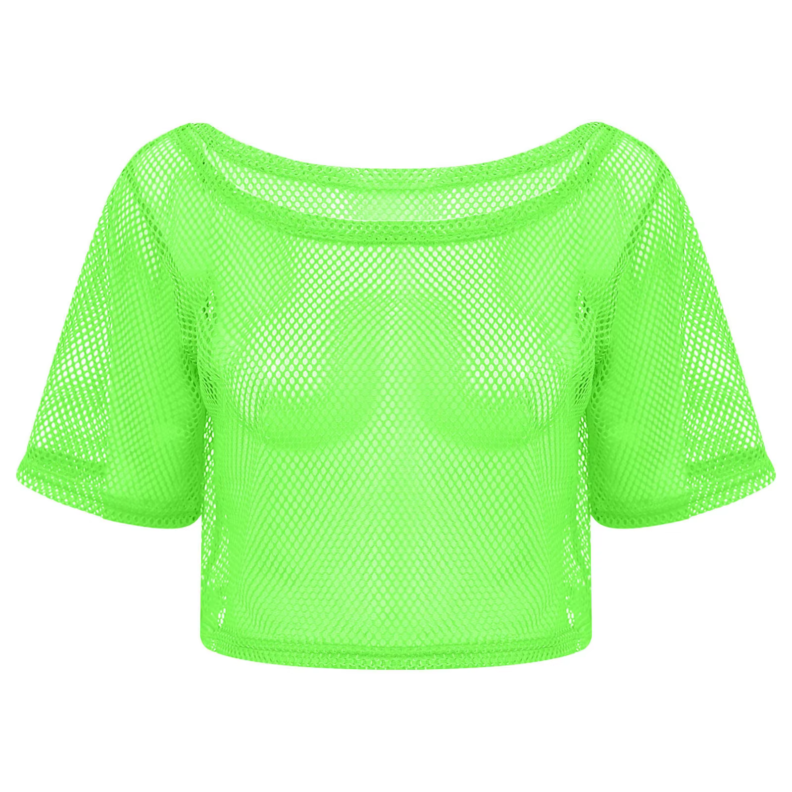 Femmes 80s Disco néon résille t-shirts hauts à manches courtes évider maille haut court Sexy Punk Camisole couverture Rave fête Clubwear