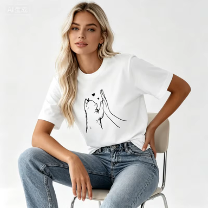 T-shirt, T-shirt graphique avec motif de chat mignon et de main en forme de cœur