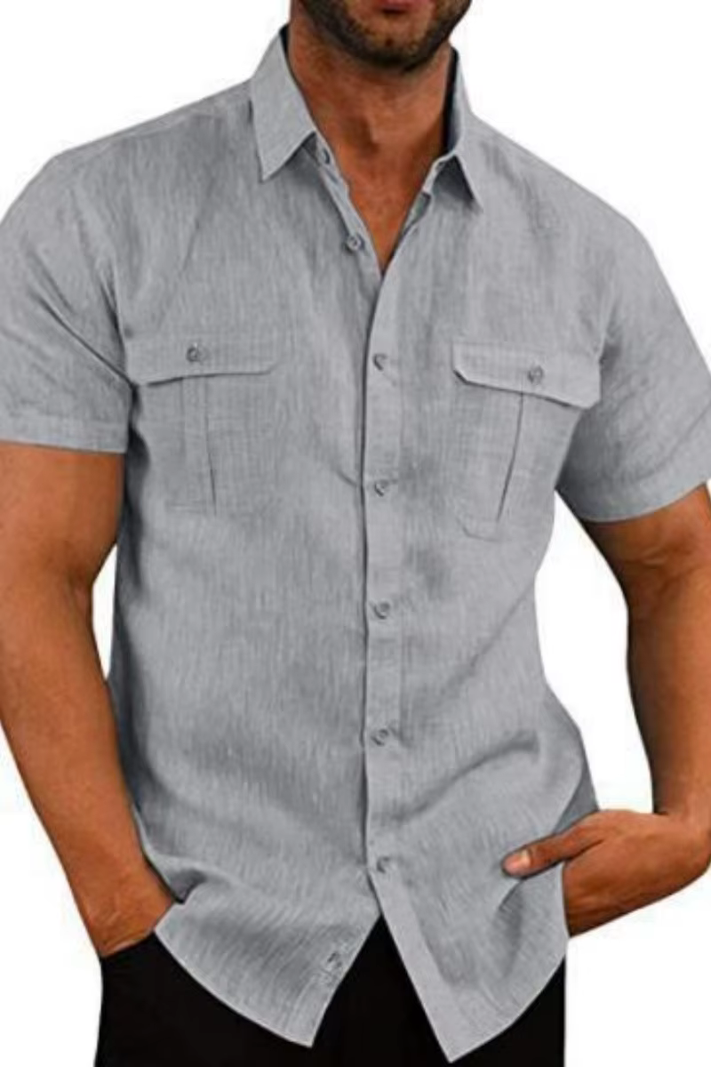 Chemise en lin à manches courtes pour homme - Style décontracté d'été avec deux poches et fermeture boutonnée