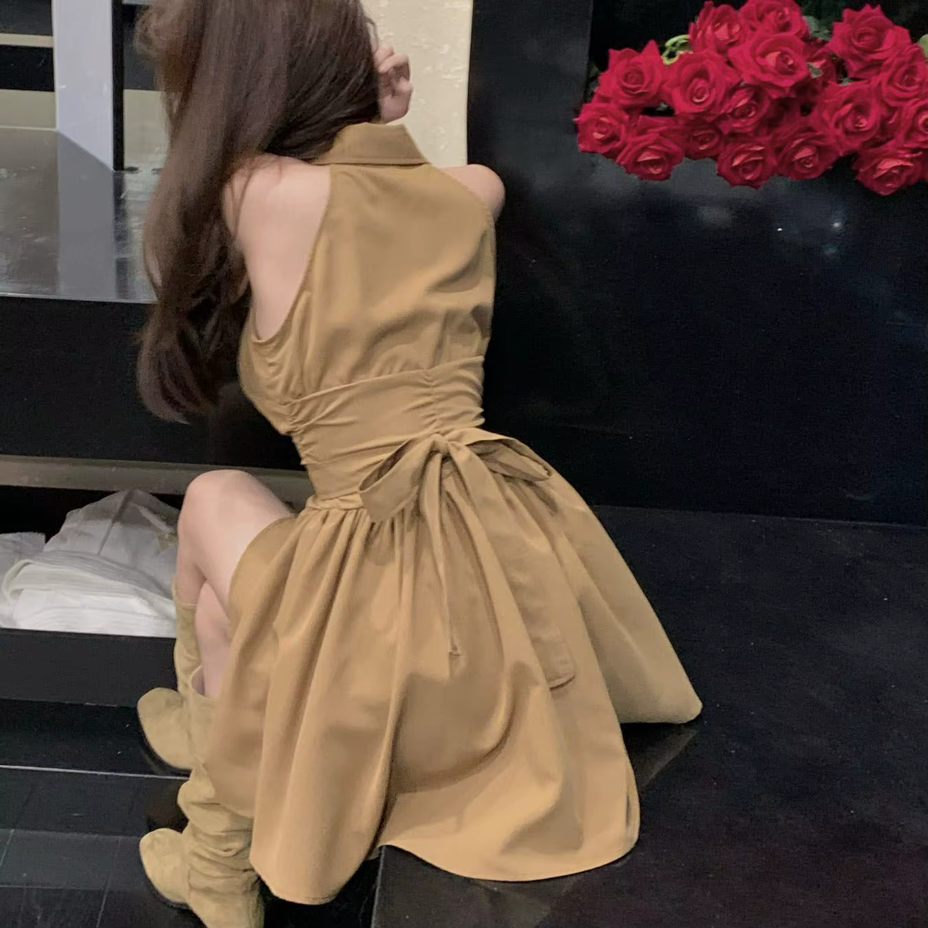 Robes sans manches femmes nœud à lacets col rabattu Mini haute rue a-ligne Hotsweet Partywear mode coréenne