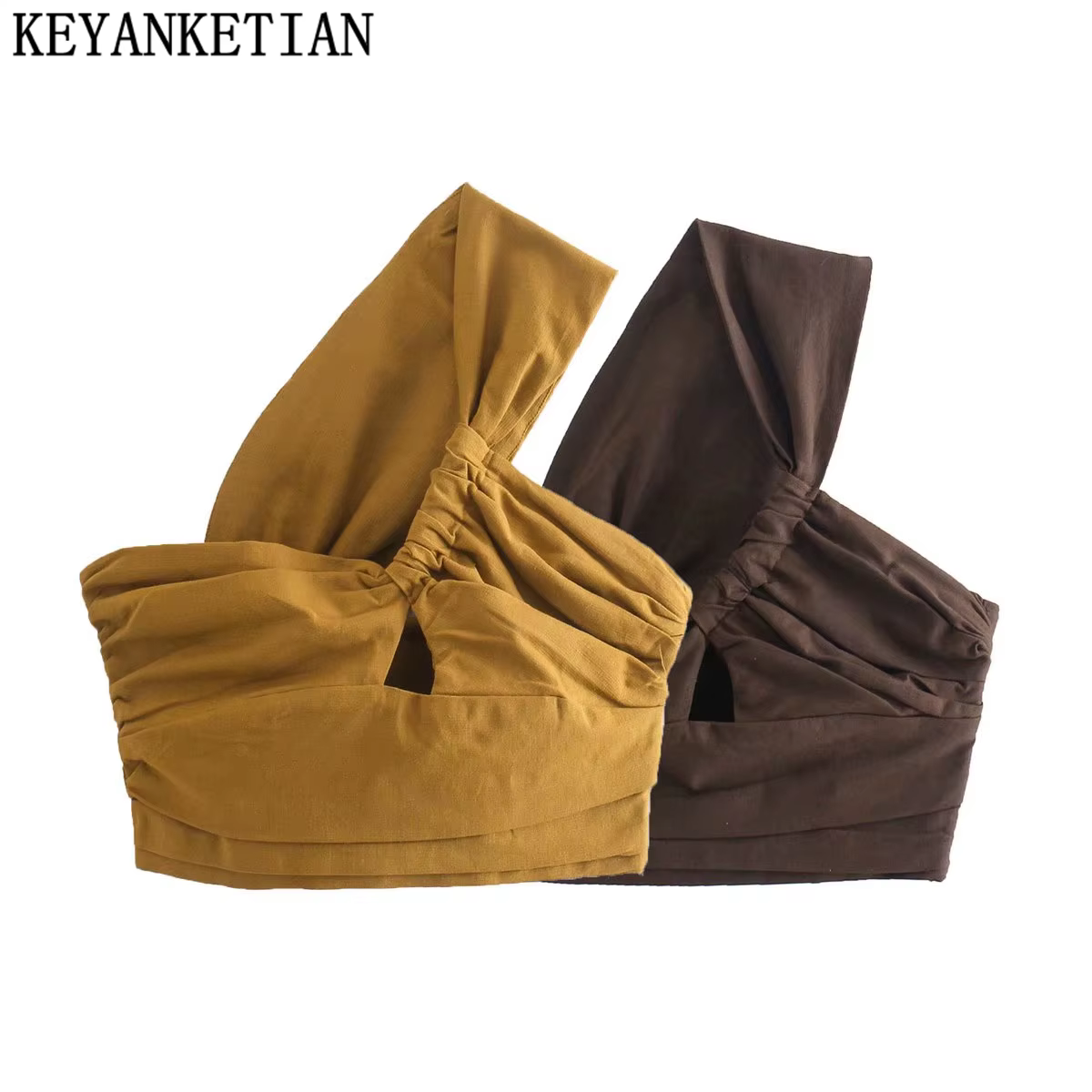 EllYANEllTIAN-Camisole en lin plissé asymétrique pour femme