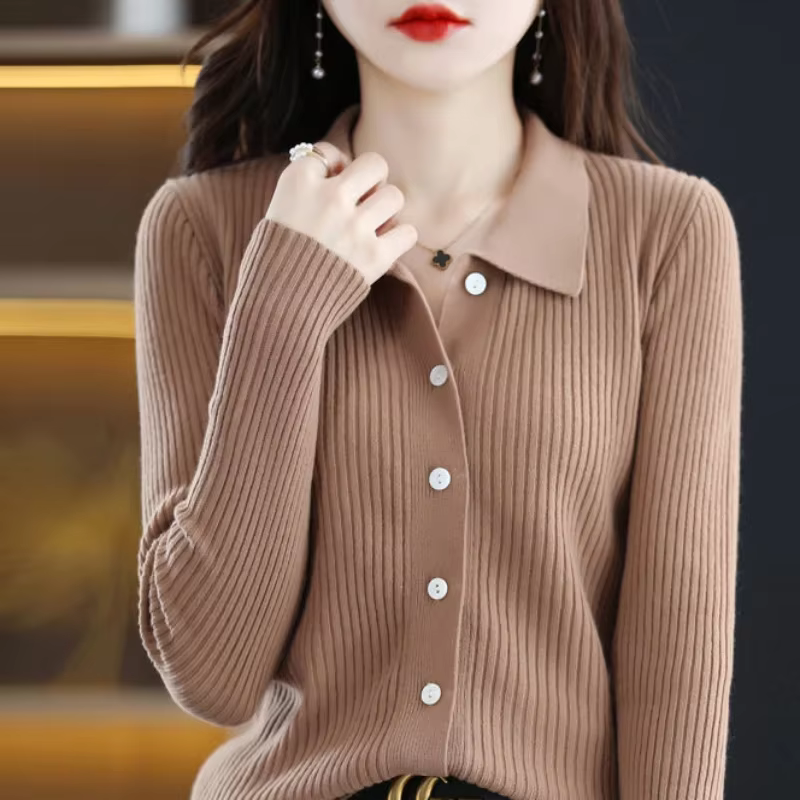 Polo rouge hiver bouton hauts en tricot pour femme Cardigan rose pull