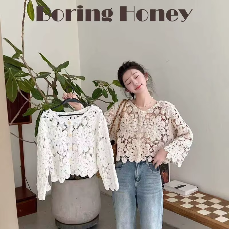 Boring Honey bord de mer vacances mode haut ample mince creux pull au crochet été tout-Match Cardigan à manches longues