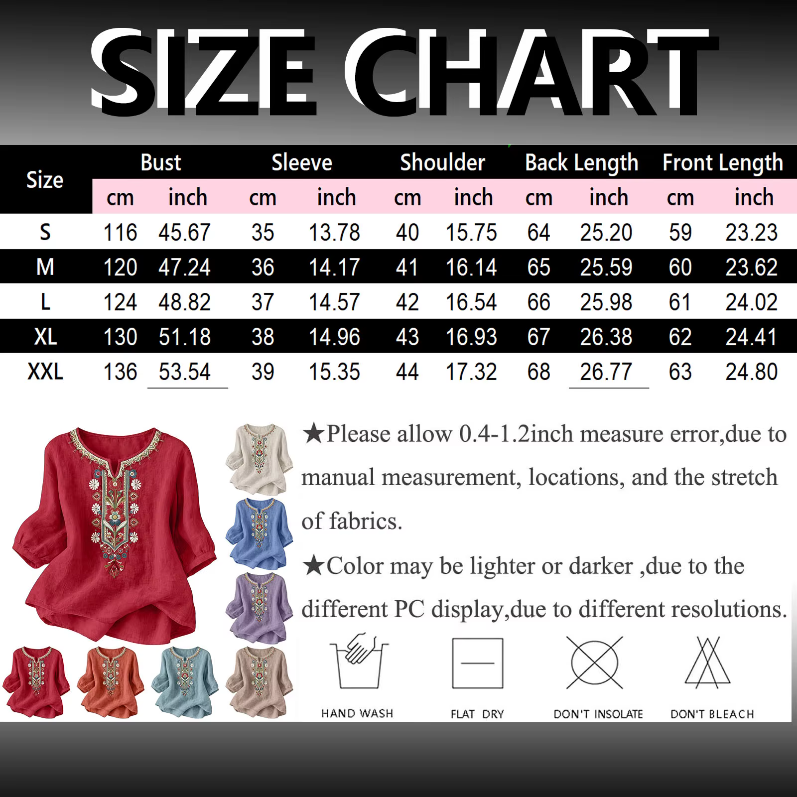 Chemises en lin d'été pour femmes Broderie rétro Tops amples à manches 3/4 Tuniques décontractées Blouses Boho Chemise de plage de vacances Blusas