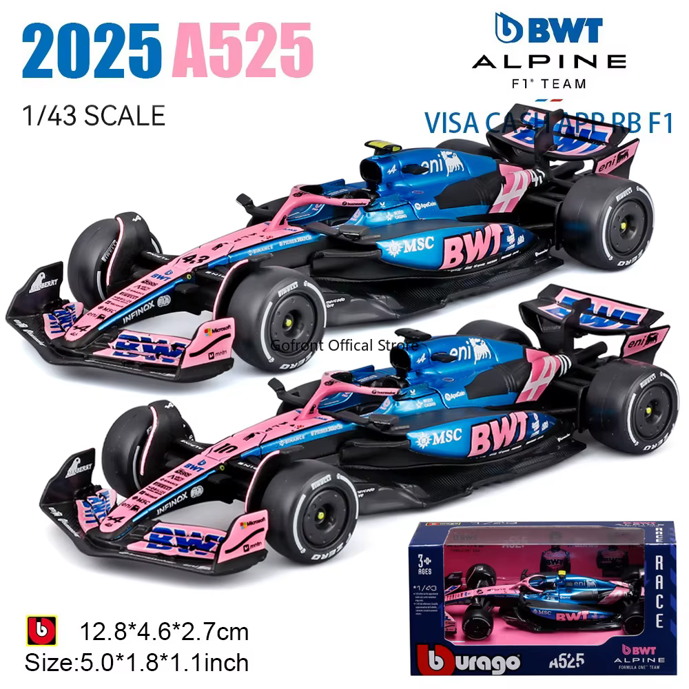 Bburago 1:43 2025 F1 BWT Équipe de formule um alpin # 10 Pierre Gasly # 43 Franco Colapinto alliage voiture moulé sous pression modèle jouet à collectionner