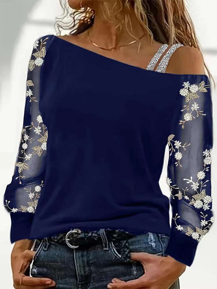 Sexy Off Shoulder Sloping Collar Long Sleeved Lace Printed Women's Top Daily Versatile Dating Parties Autumn Tops