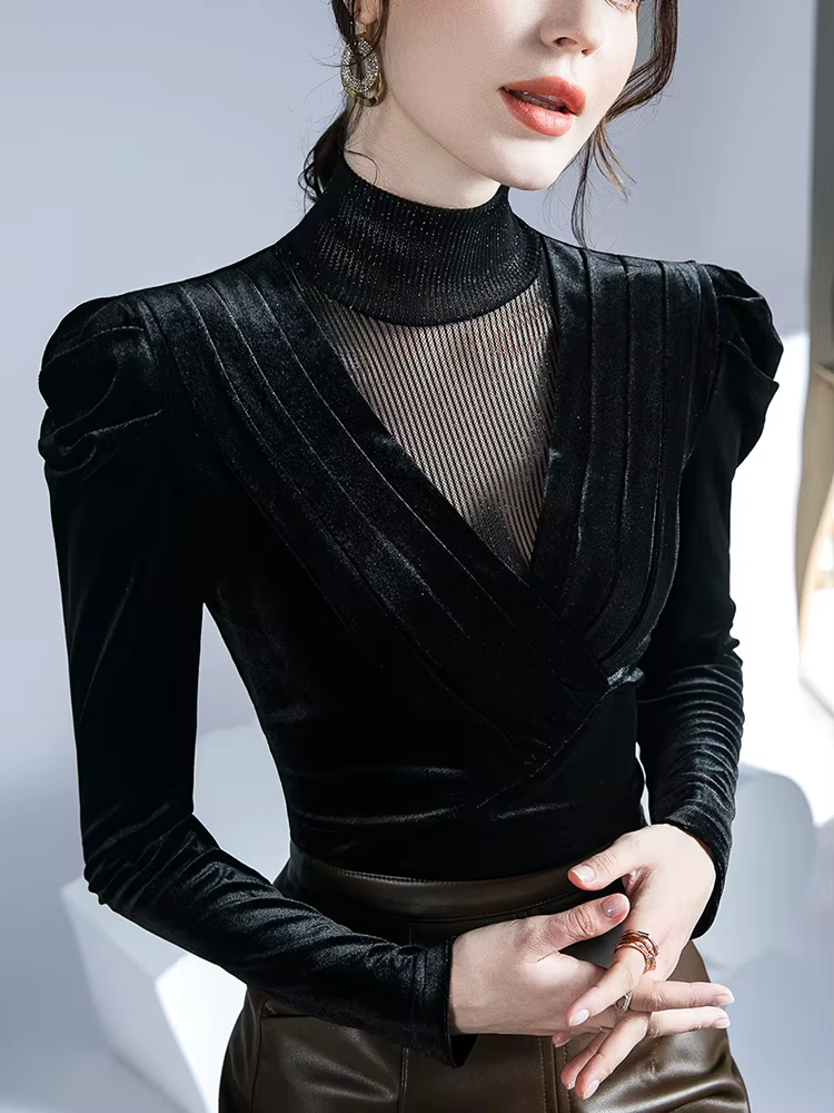 T-shirt à manches longues en velours doré pour femme