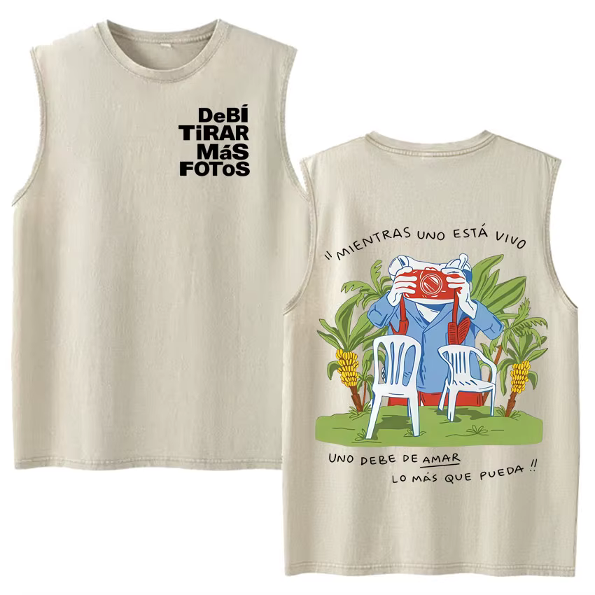 Débardeurs Vintage Effet Délavé Hip Hop Hot Singer Bad Bunny Debi Tirar Mas Fotos DTMF Y2K – T-shirts Sans Manches Tendance pour Hommes et Femmes