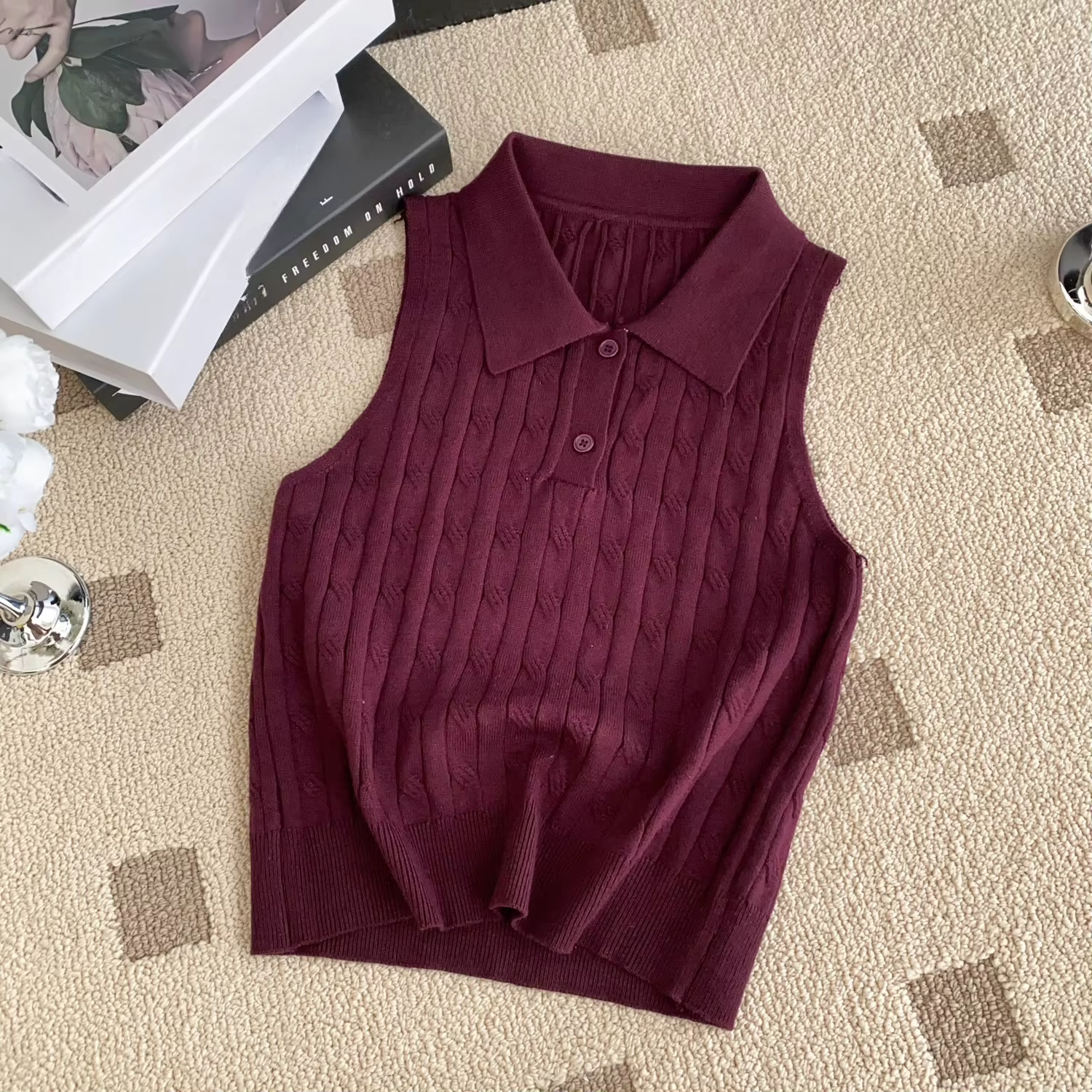 REALEFT été col Polo femmes tricoté T-shirts 2025 nouveau solide sans manches boutons tricots décontracté mince débardeurs femme