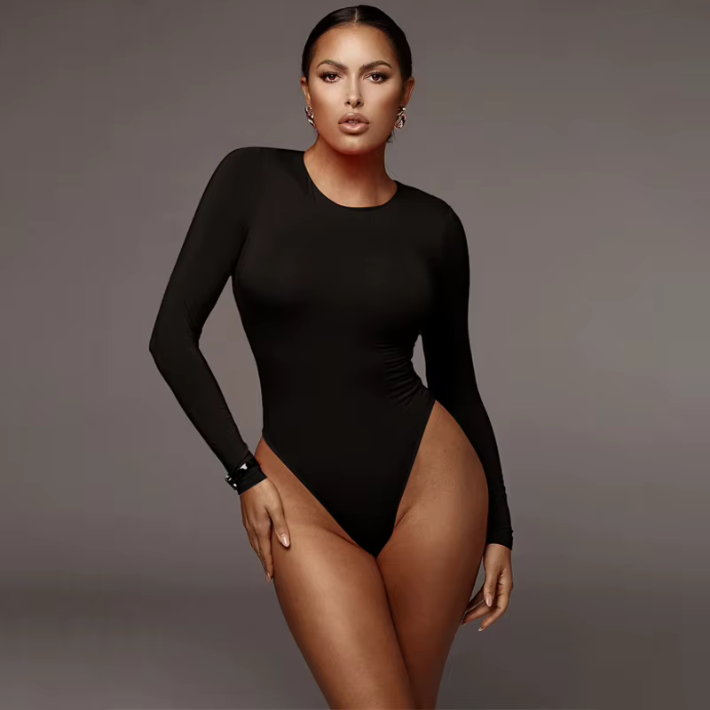 O cou à manches longues solide blanc Sexy Body femmes noir automne hiver corps haut gris décontracté dame Streetwear