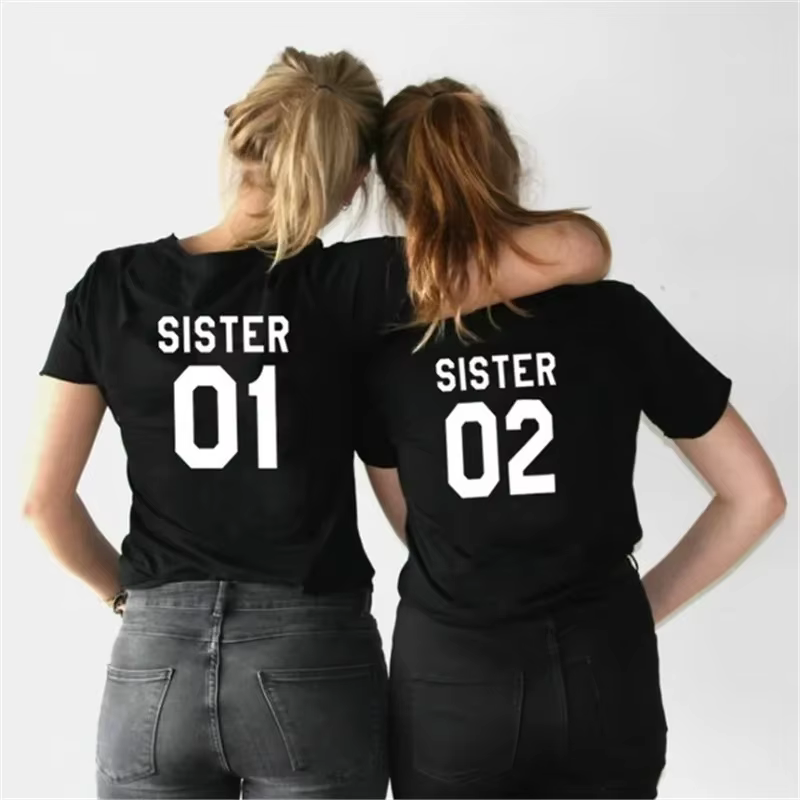 Sister 01 02 lettre imprimer femmes t-shirt à manches courtes col rond lâche amis