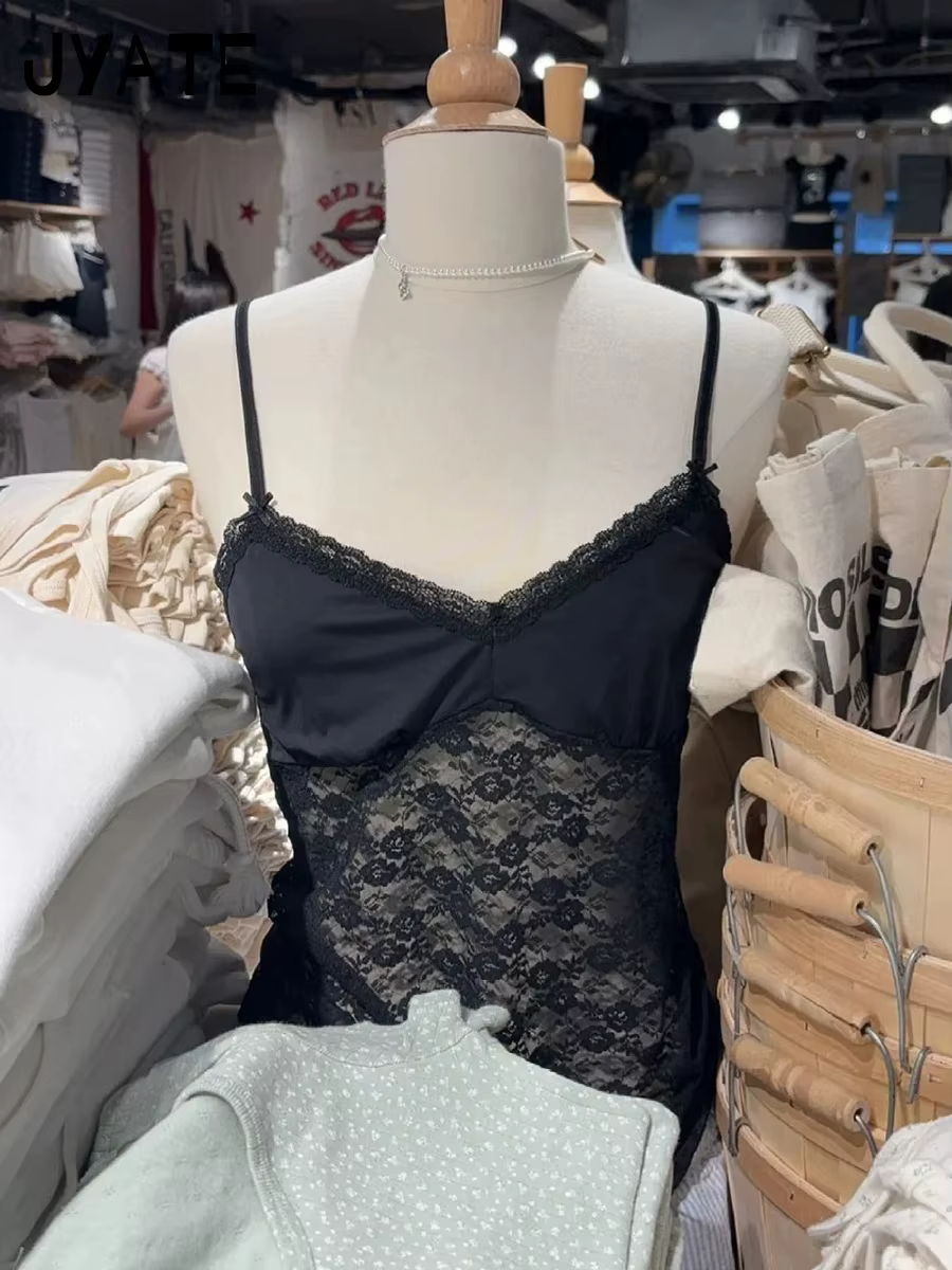 Débardeur transparent noir en dentelle avec nœud pour femme